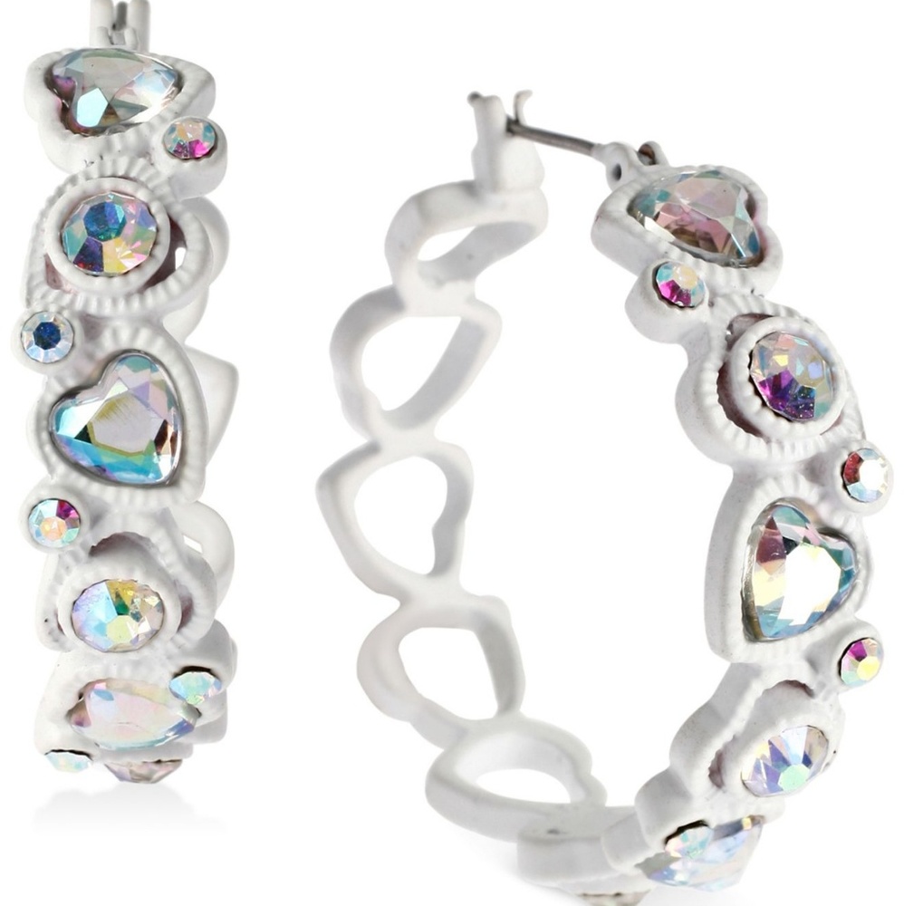 Women's White Silver-Tone Heart Hoop Earrings